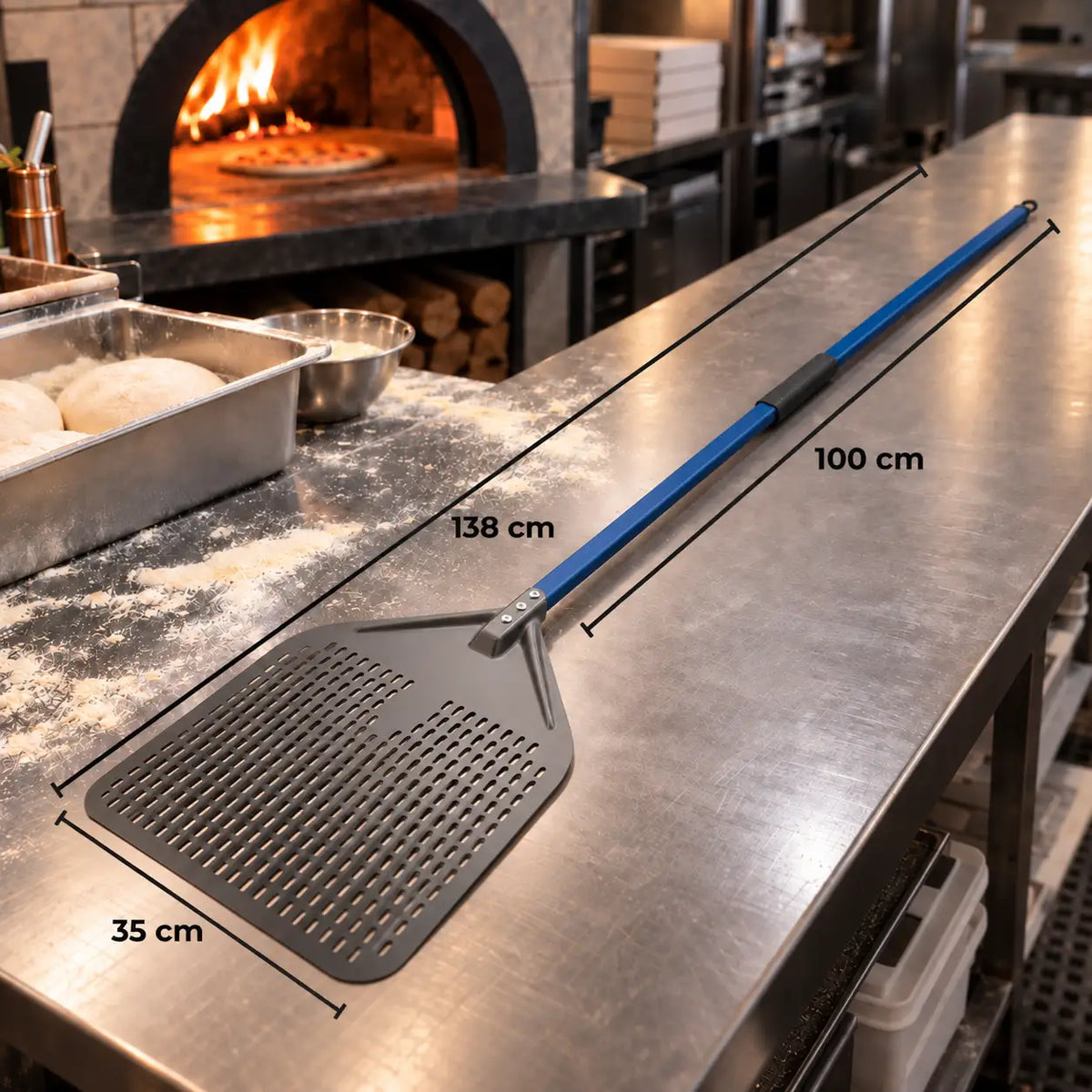 Longue Pelle à Pizza Perforée 30–35 cm | Manche Bleu