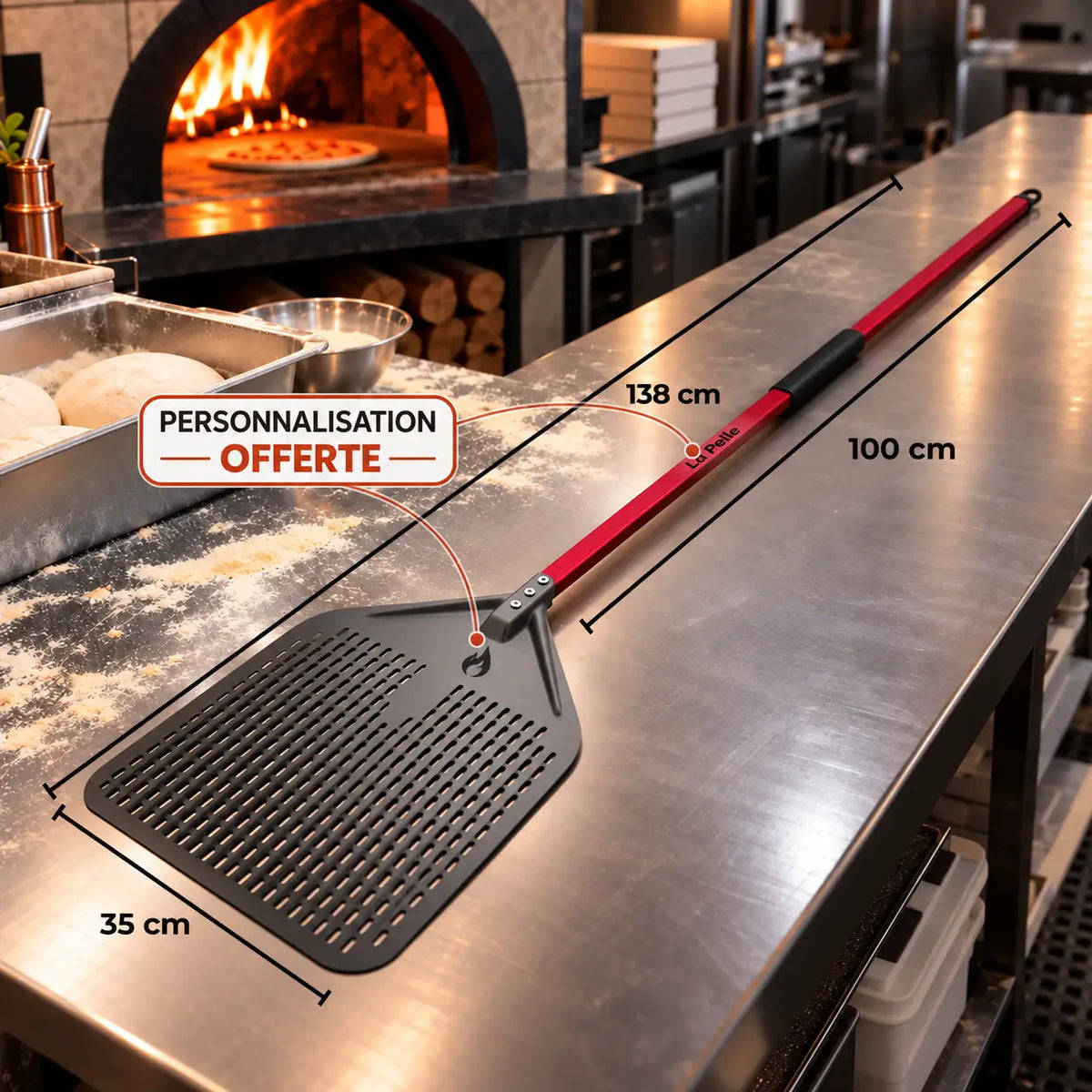 Longue Pelle à Pizza Perforée 30–35 cm | Manche Rouge