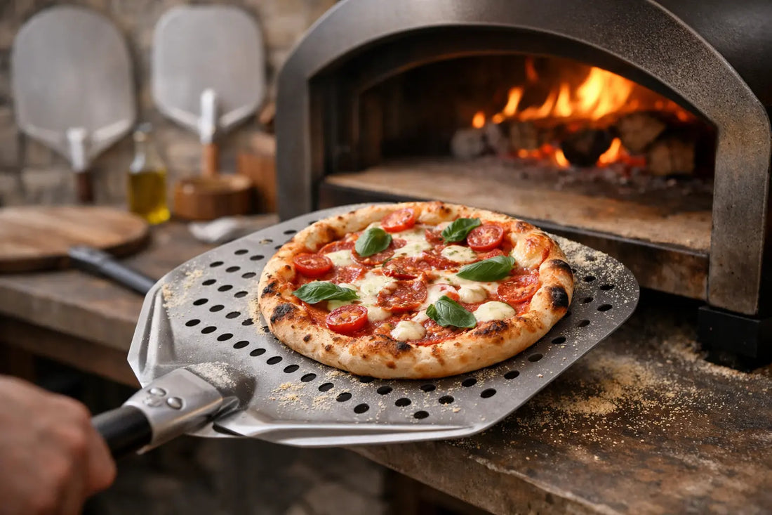 image d'une pizza sortie du four avec une pelle à pizza 
