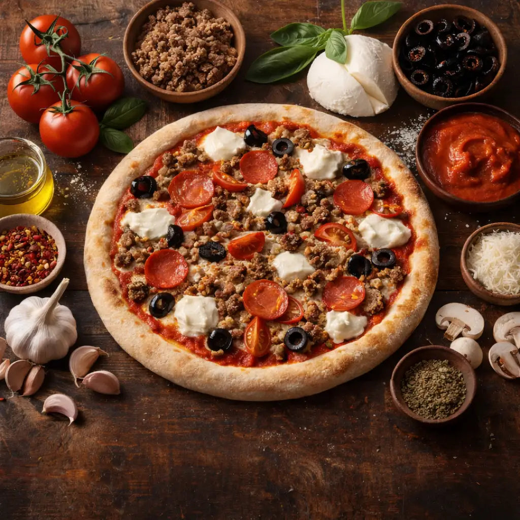 Pizza non cuite avec ingrédients autour