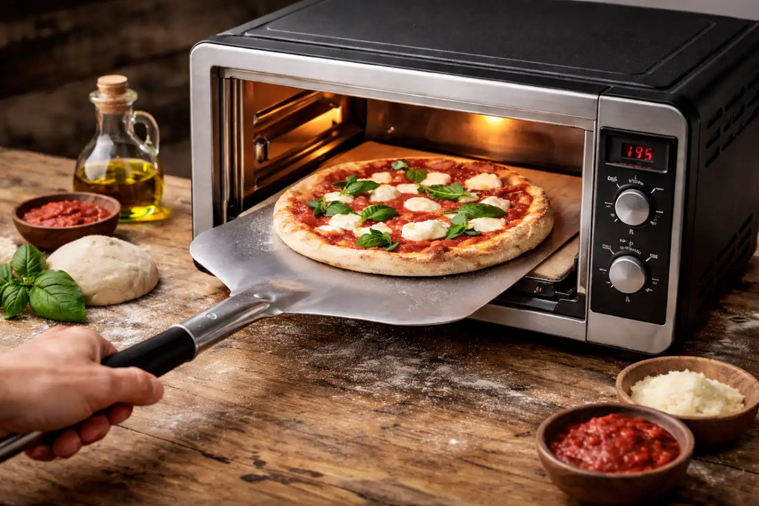 Insertion de pizza dans un four electrique avec une pelle à pizza