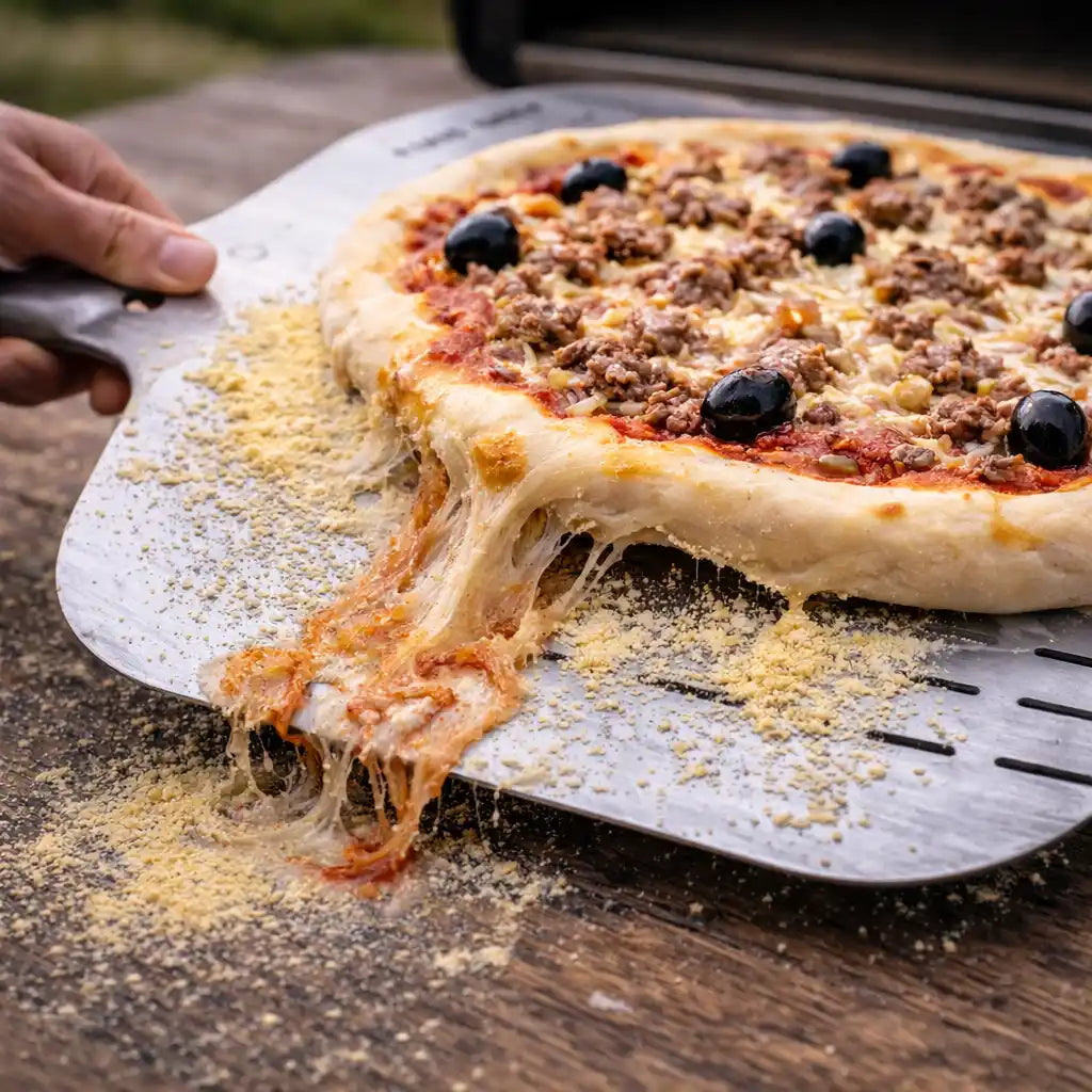 pizza qui colle malgré une grande quantité de semoule sur la pelle