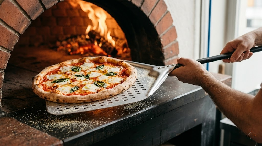 moment d'enfournement d'une pizza avec une pelle perforée