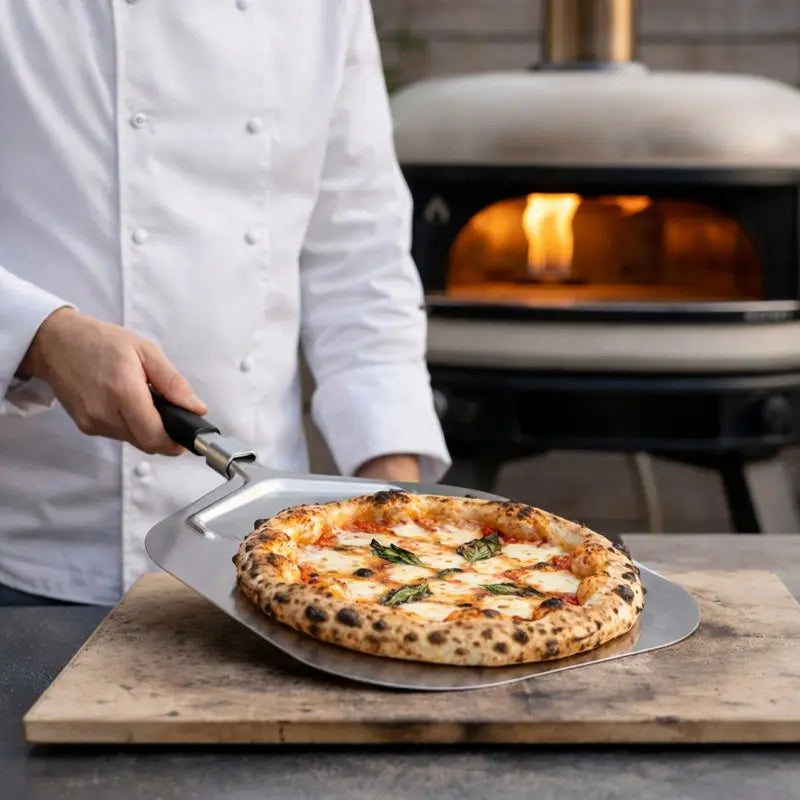 Main tenant une pelle à pizza en inox avec pizza Margherita cuite sortie d'un four 