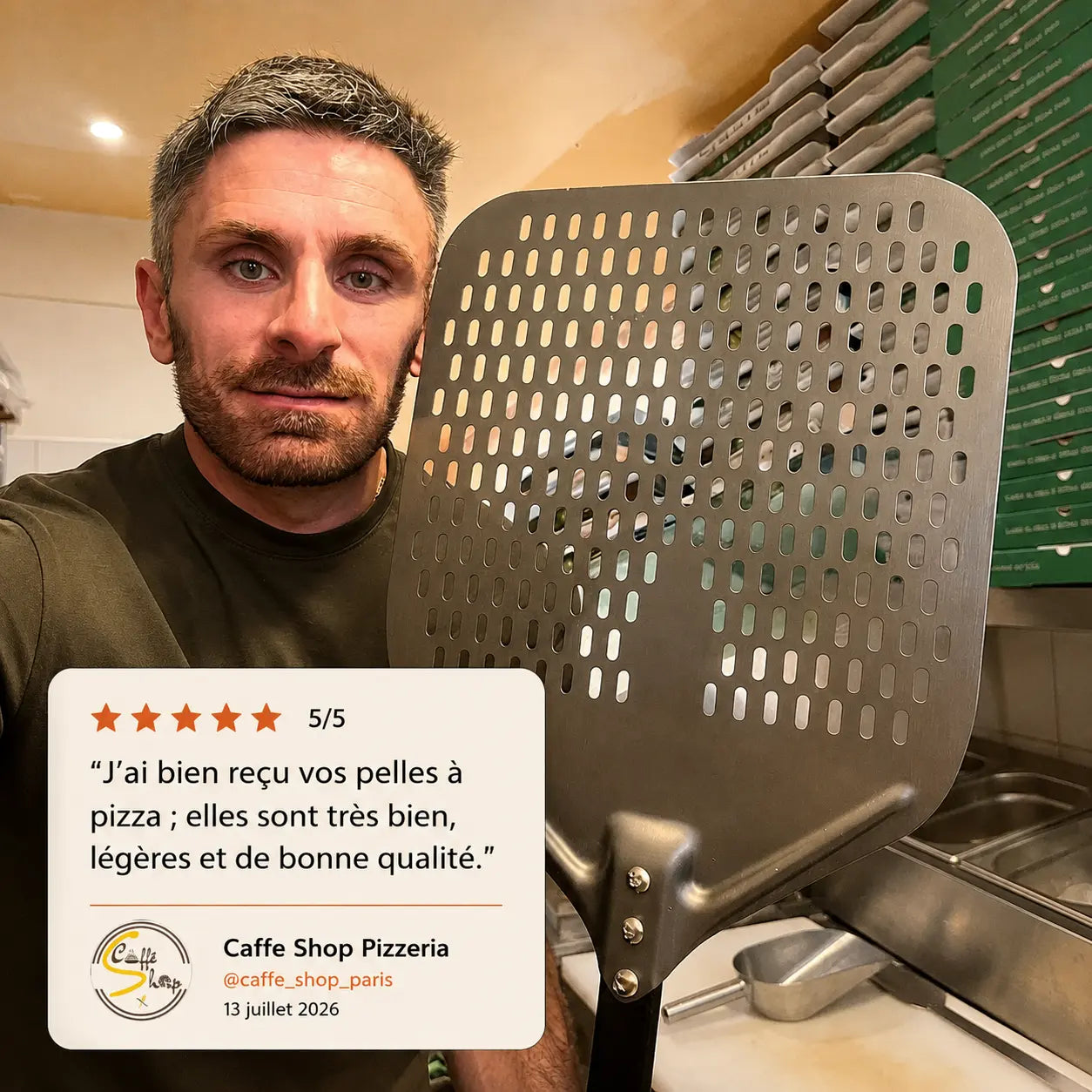 Longue Pelle à Pizza Perforée 30–35 cm | Manche Gris Clair