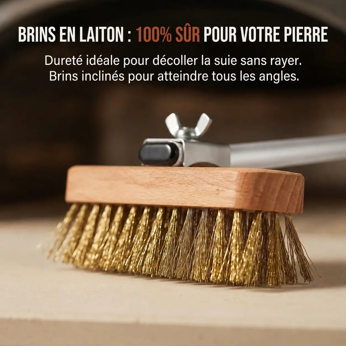 Brosse Four à Pizza En Laiton Argenté + Grattoir | Manche 100 cm