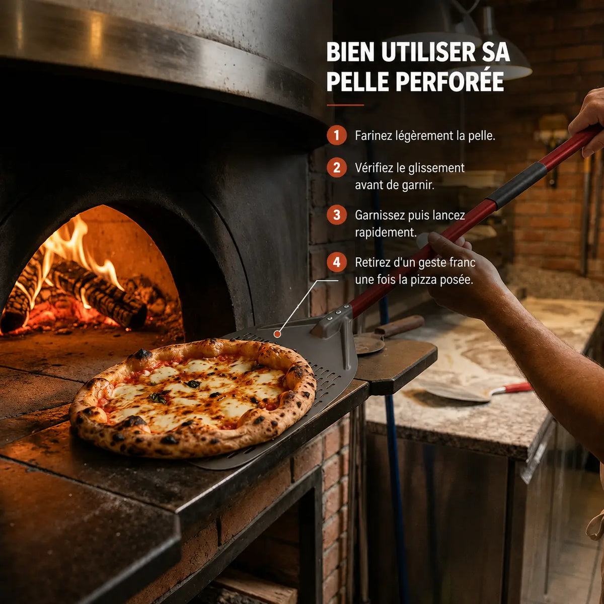 Longue Pelle à Pizza Perforée 30–35 cm | Manche Rouge