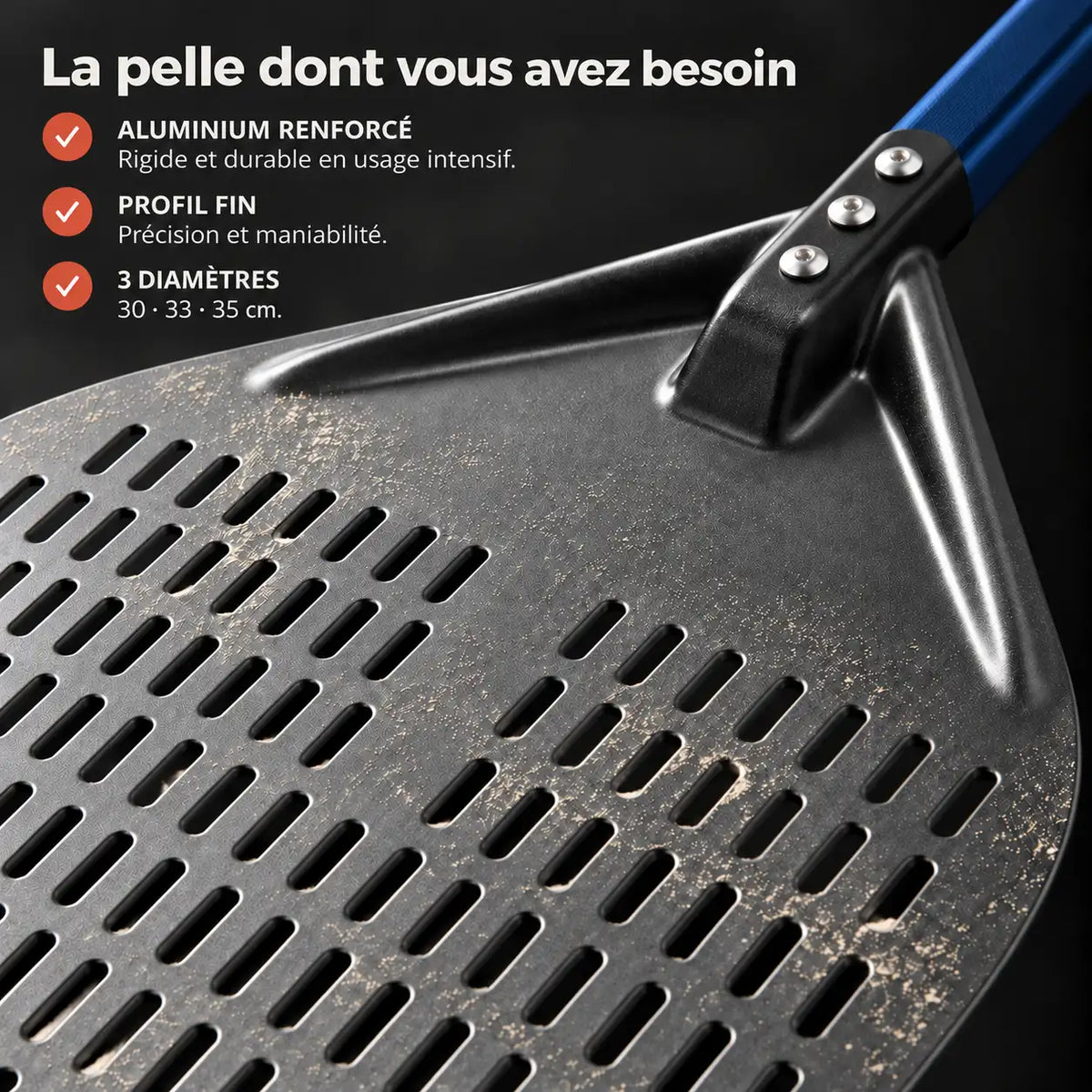 Longue Pelle à Pizza Perforée 30–35 cm | Manche Bleu