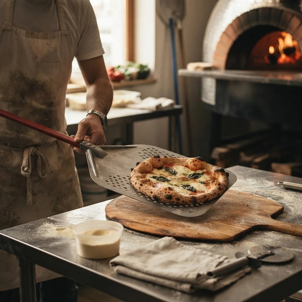 Pelle à Pizza Perforée 30-35 cm | Bord Biseauté | Rouge