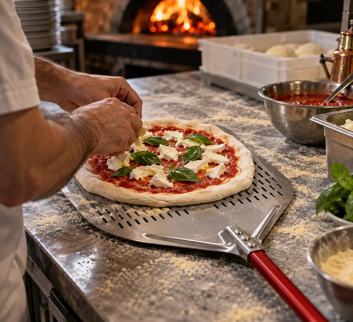 Longue Pelle à Pizza Perforée 40 cm | Manche Rouge