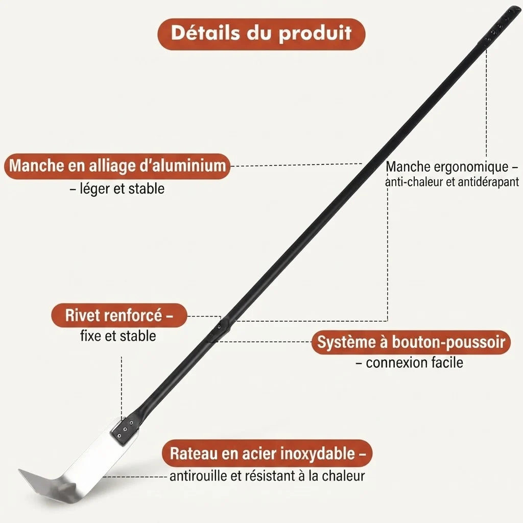 Râteau à Cendres pour Four à Pizza 140 cm | Acier Inoxydable 304