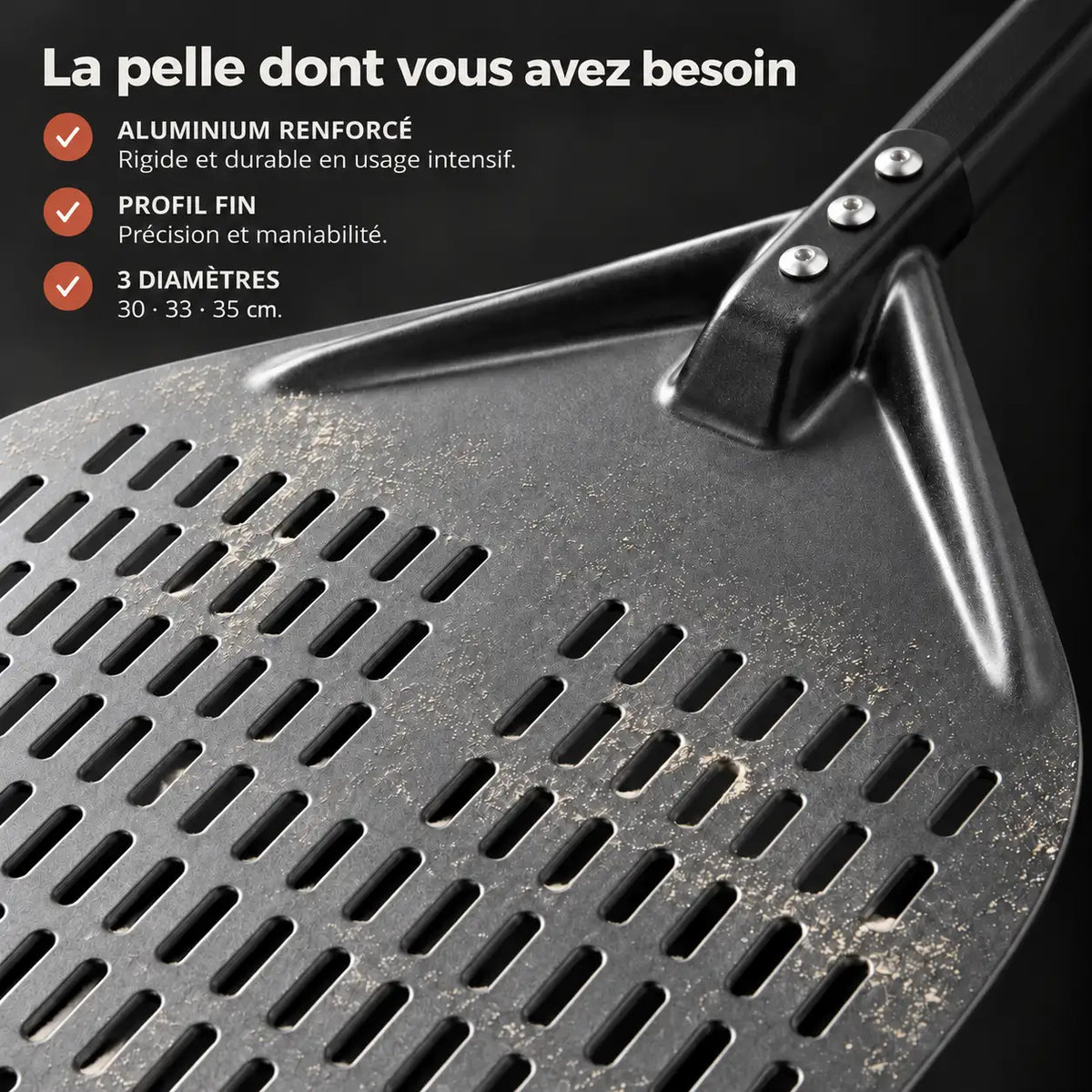 Longue Pelle à Pizza Perforée 30–35 cm | Manche Noir