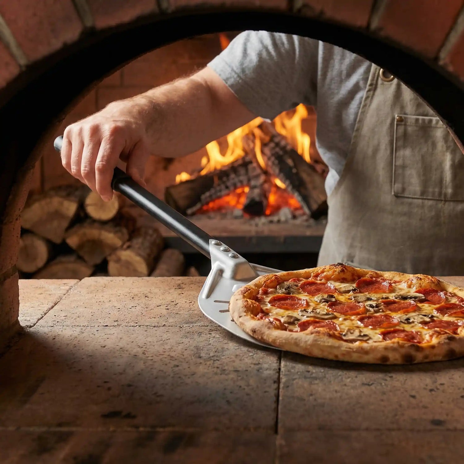 Pizzaiolo soulevant une pizza cuite avec la pelle de rotation perforée devant la bouche du four pour vérifier la cuisson du dessous, sans visage visible.