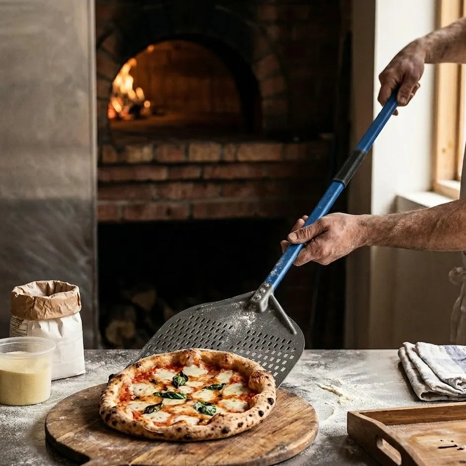 Longue Pelle à Pizza Perforée | Aluminium Anodisé Dur | Manche Bleu