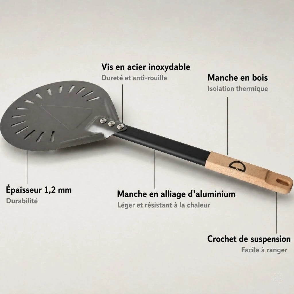 Pelle à Pizza de Rotation Perforée | Manche Bois et Aluminium