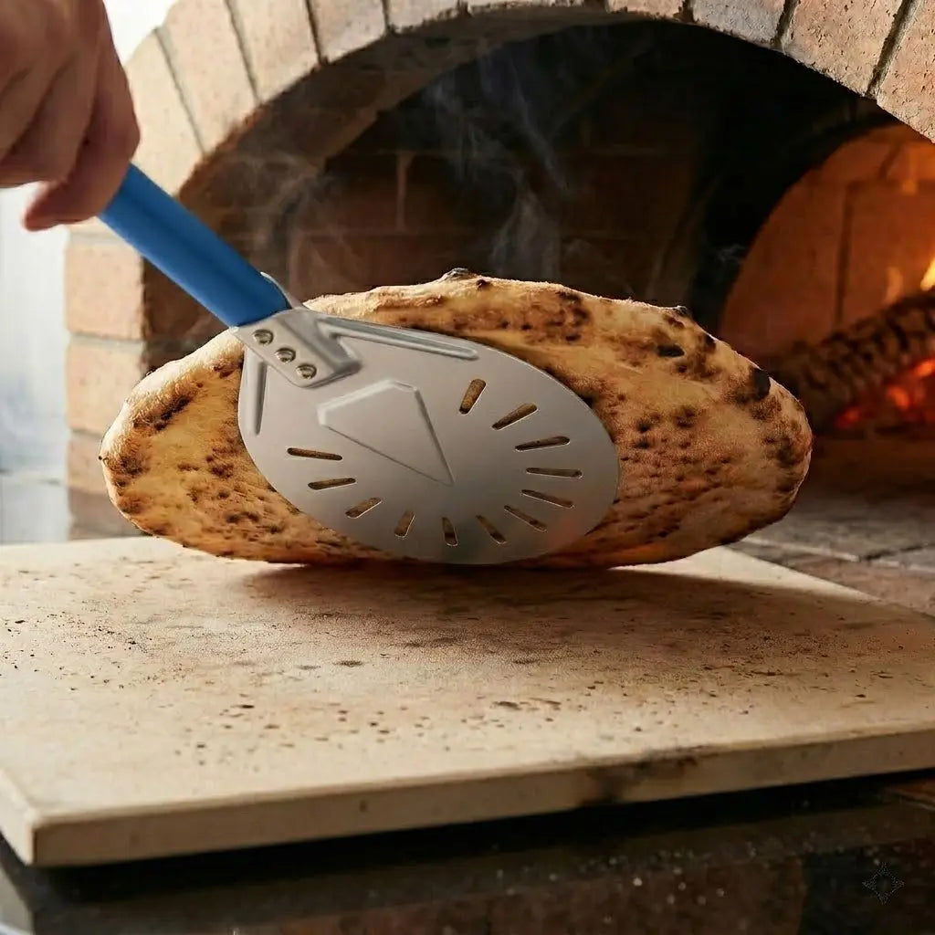 Pelle à pizza de rotation forme ronde, avec manche bleu, soulevant le dessous d'une pizza cuite à côté d'un four en bois