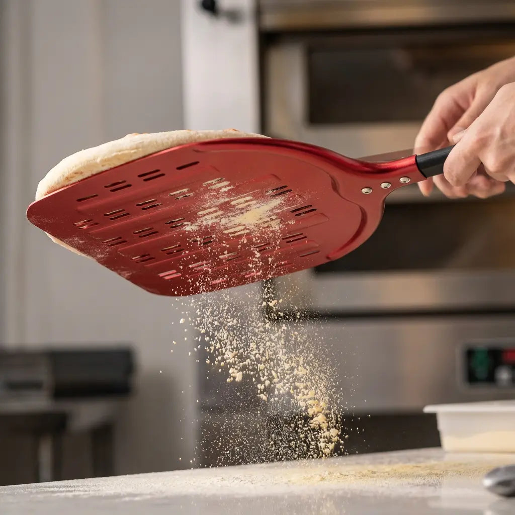 Pelle à pizza perforée rouge tenu par deux mains; la pelle repose une pizza et de la semoule tome au travers de la pelle