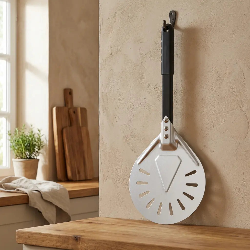 Pelle à pizza de rotation perforée suspendue verticalement à un crochet contre un mur clair dans une cuisine, manche vers le bas et petite tête ronde bien visible.