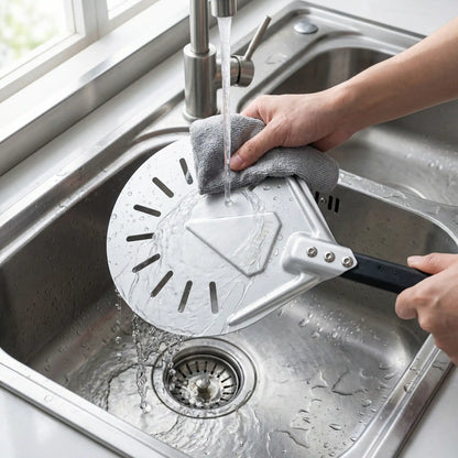 Pelle à pizza de rotation perforée tenue sous un robinet de cuisine, l’eau courant sur la tête en aluminium pour un nettoyage rapide à la main