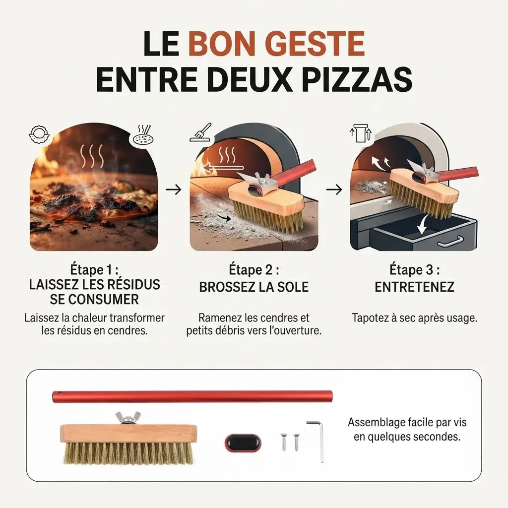 Brosse Four à Pizza En Laiton Rouge + Grattoir | Manche 100 cm