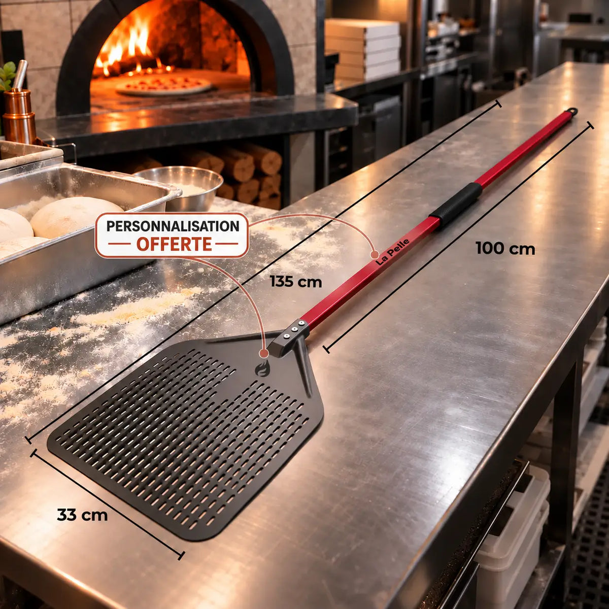Longue Pelle à Pizza Perforée 30–35 cm | Manche Rouge