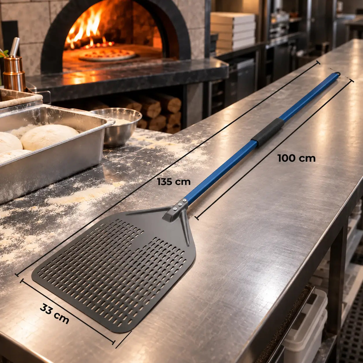Longue Pelle à Pizza Perforée 30–35 cm | Manche Bleu