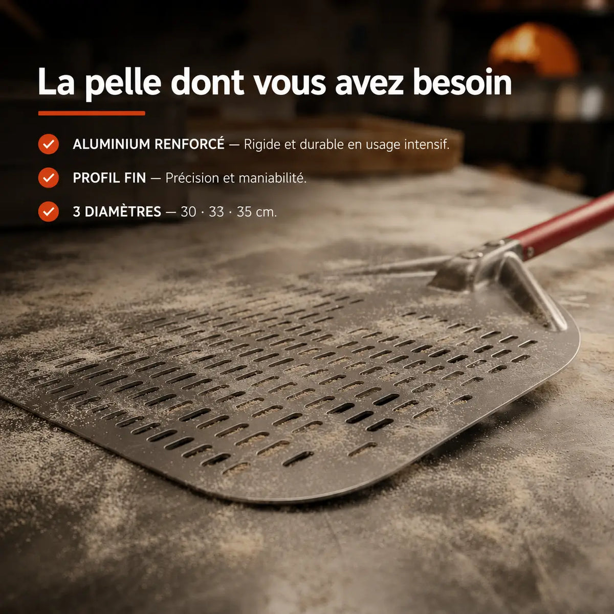 Longue Pelle à Pizza Perforée 30–35 cm | Manche Rouge