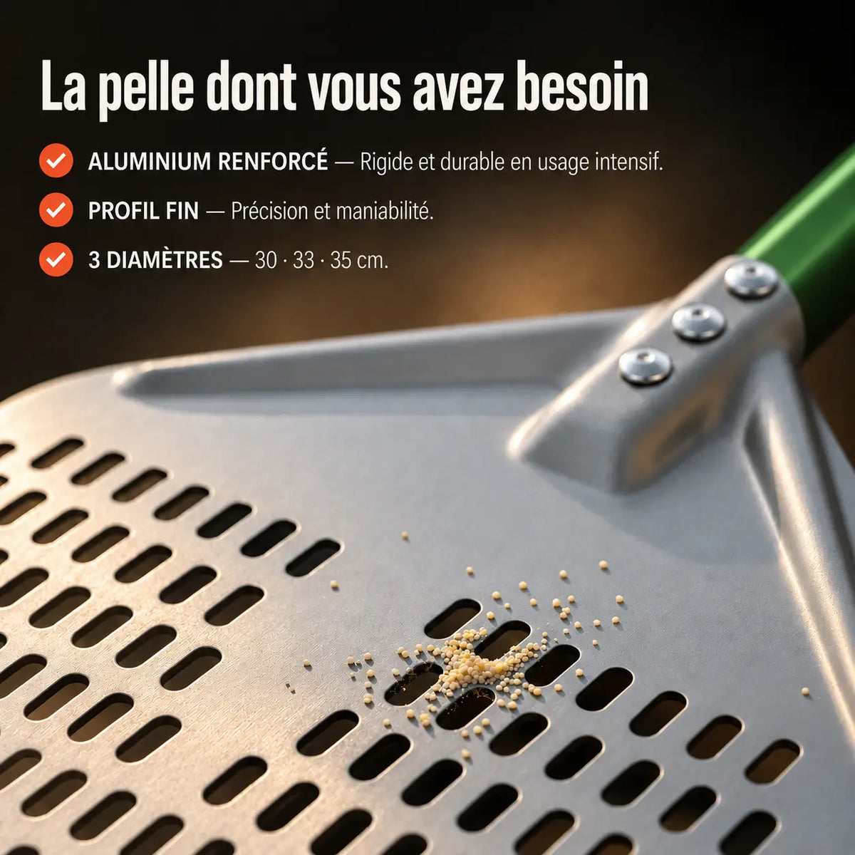 Pelle à Pizza Perforée 30–35 cm | Aluminium Vert