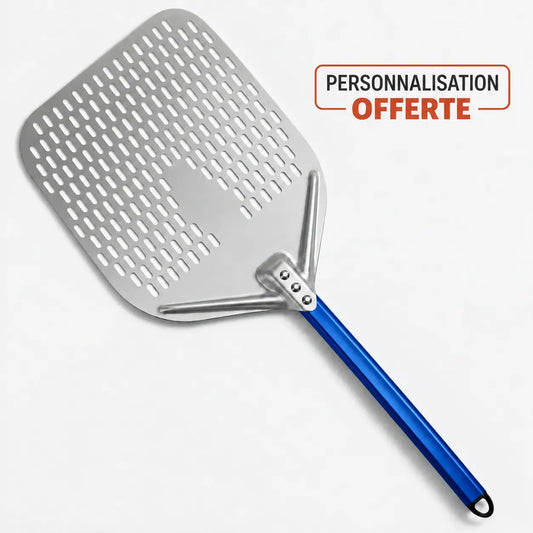Grande pelle à pizza perforée de 40 cm avec manche bleu pour les grandes pizzas