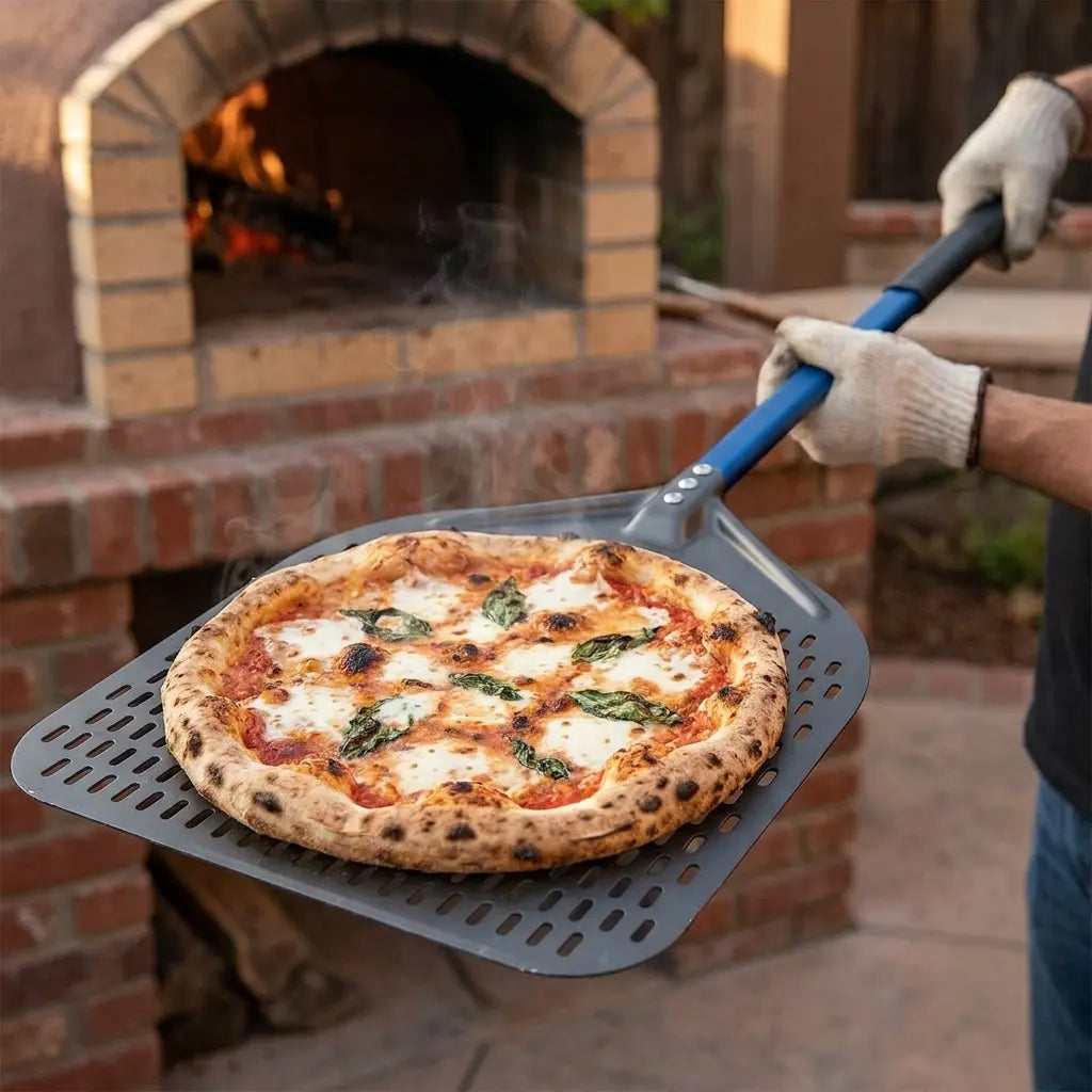 Longue Pelle à Pizza Perforée | Aluminium Anodisé Dur | Manche Bleu