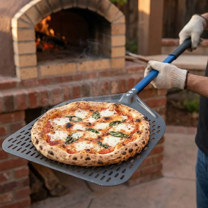 Longue Pelle à Pizza Perforée | Aluminium Anodisé Dur | Manche Bleu