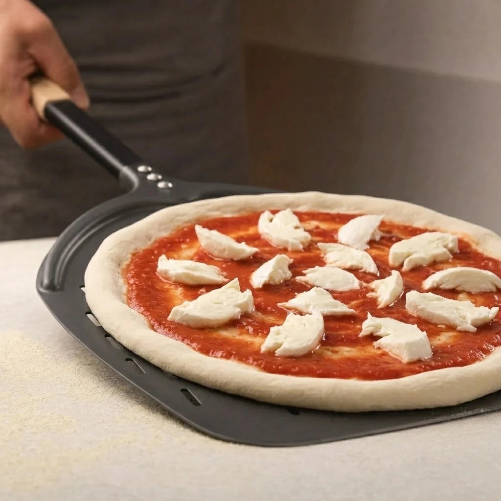 Pelle à pizza perforée 30 cm - Forme Pomme | Manche bois et aluminium