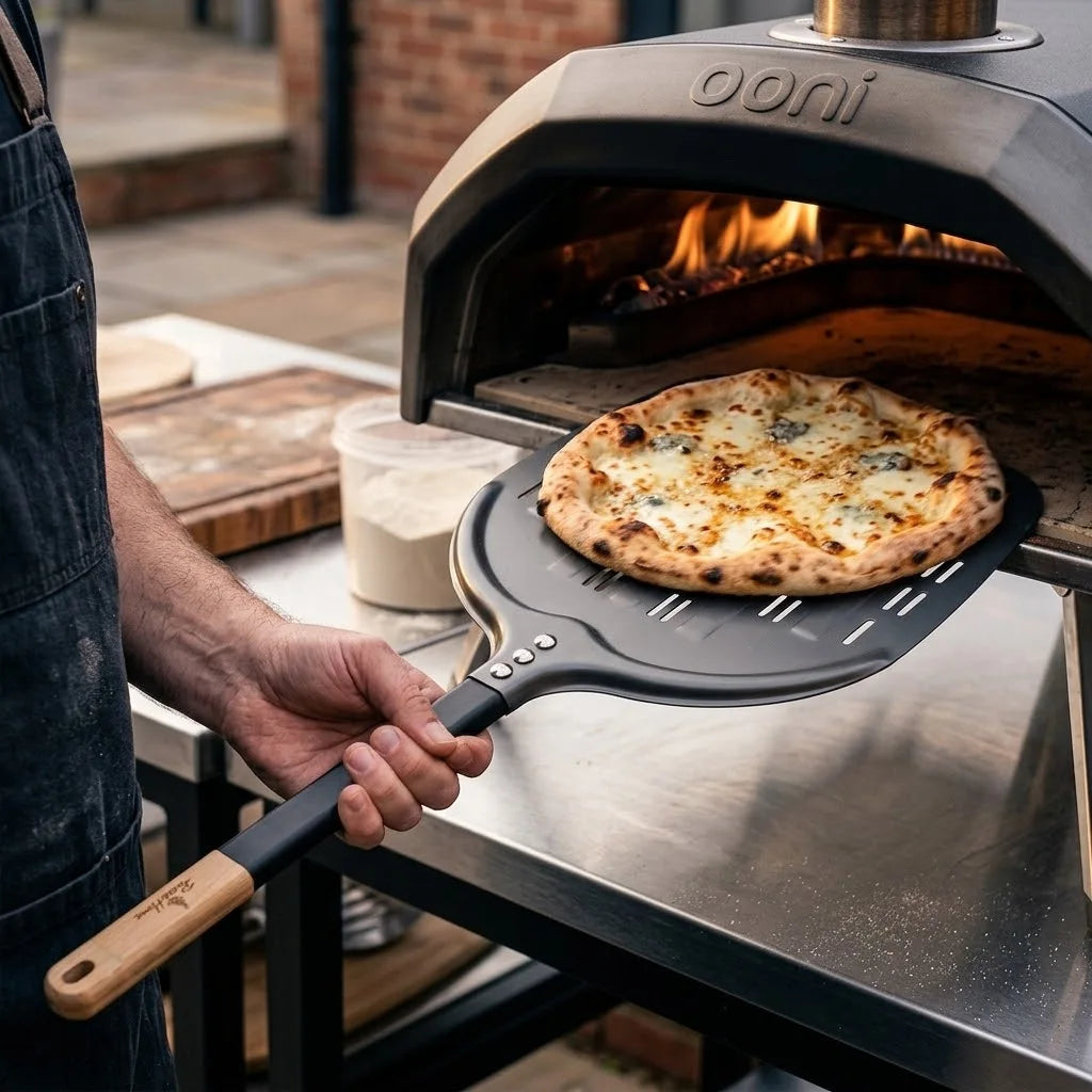 Pelle à pizza perforée 30 cm - Forme Pomme | Manche bois et aluminium