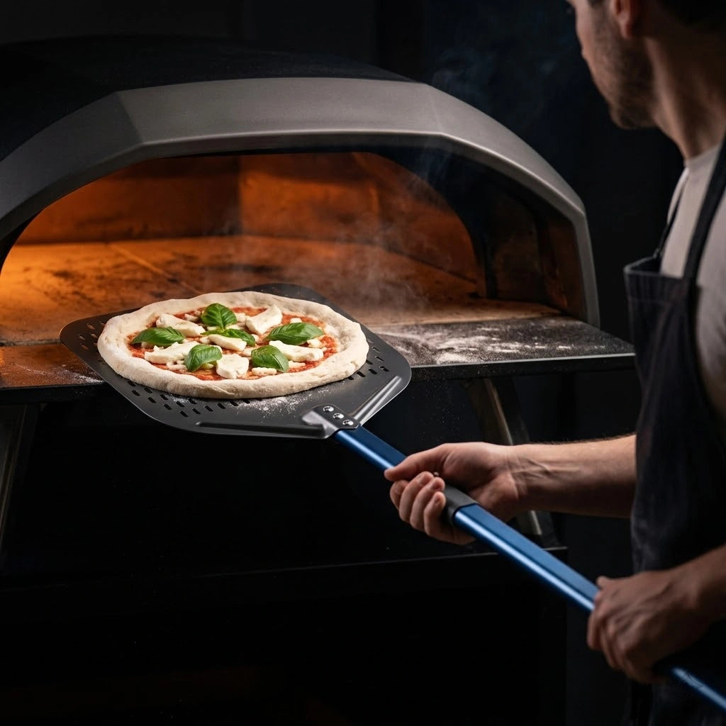 Longue Pelle à Pizza Perforée | Aluminium Anodisé Dur | Manche Bleu