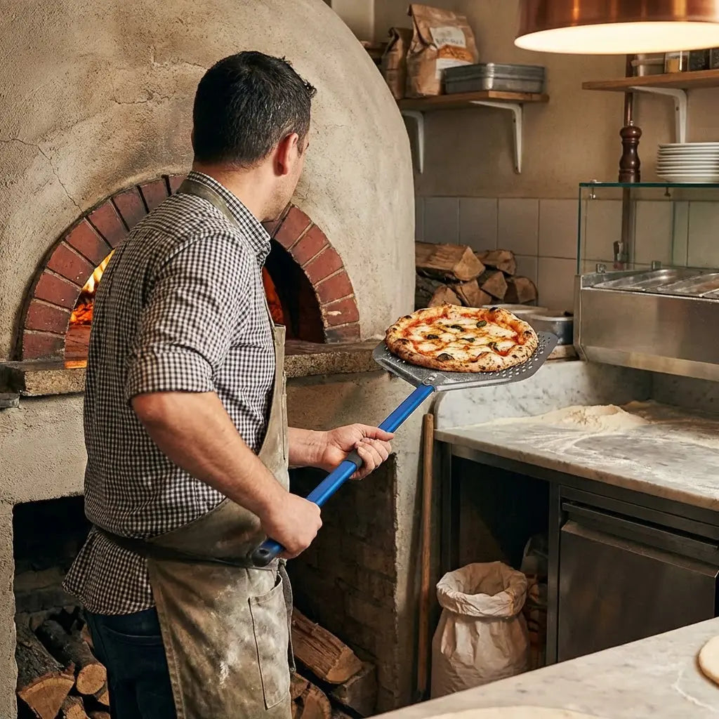 Longue Pelle à Pizza Perforée | Aluminium Anodisé Dur | Manche Bleu