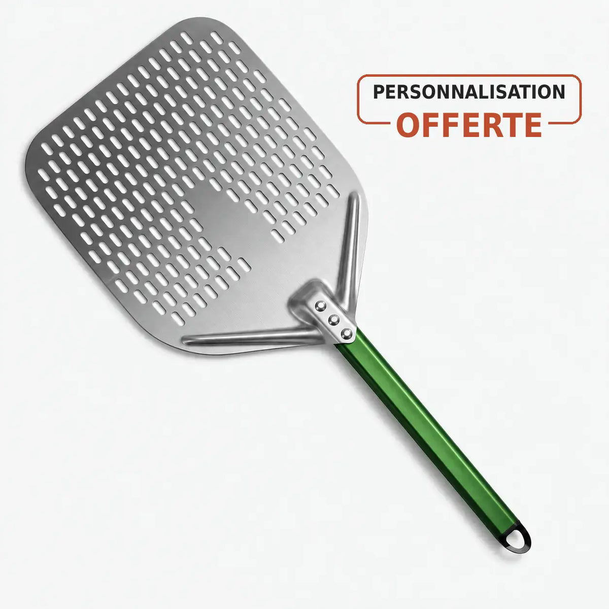 Pelle à pizza en aluminium perforé avec manche vert pour enfourner les pizzas