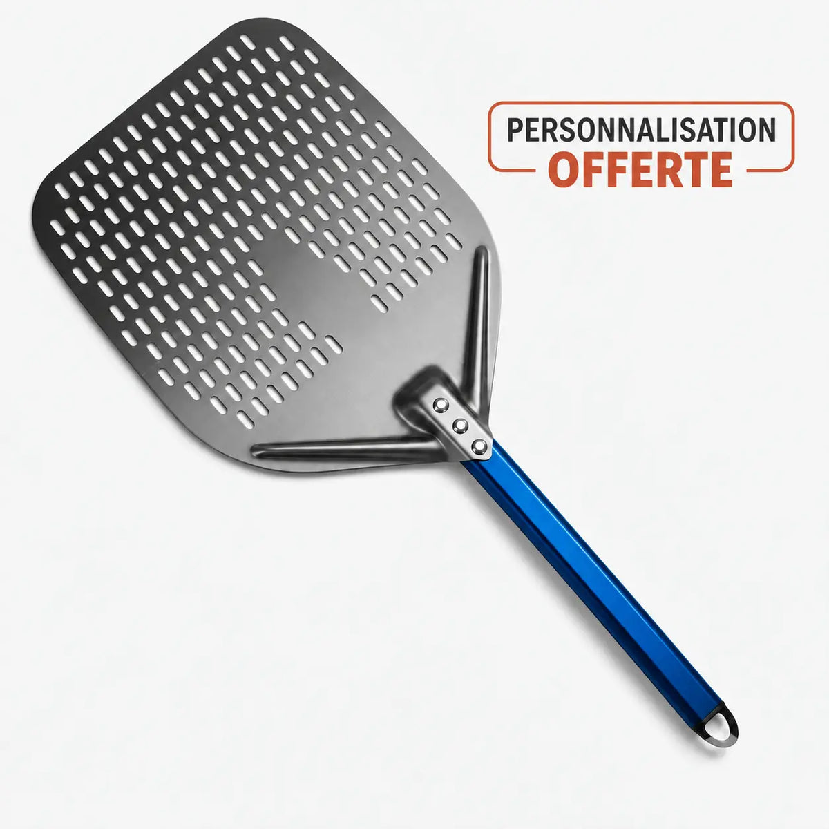 Pelle à pizza perforée en aluminium avec manche bleu pour enfourner les pizzas