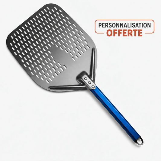 Pelle à pizza perforée en aluminium avec manche bleu pour enfourner les pizzas